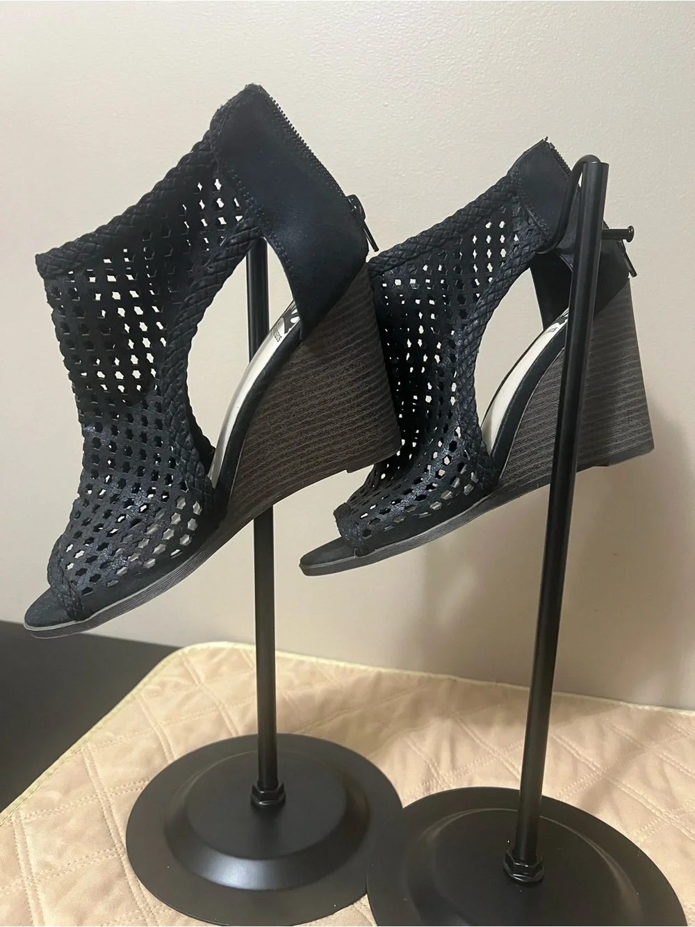 Perforated Black Peep-Toe Wedge Booties - Unbranded